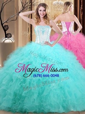 Fashionable Blue And White Ball Gowns Strapless Sleeveless Tulle Floor Length Lace Up Embroidery Sweet 16 Dresses