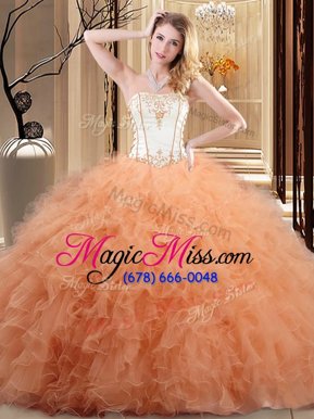 Elegant White and Rose Pink and Orange Strapless Neckline Embroidery and Ruffled Layers 15th Birthday Dress Sleeveless Lace Up