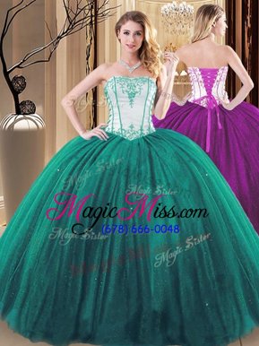 Customized Green and Olive Green Ball Gowns Strapless Sleeveless Tulle and Sequined Floor Length Lace Up Embroidery Ball Gown Prom Dress