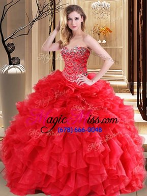 On Sale Sweetheart Sleeveless Organza Quinceanera Gown Beading and Ruffles Lace Up