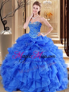 Modest Royal Blue Lace Up Quince Ball Gowns Beading and Ruffles Sleeveless Floor Length