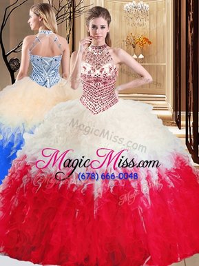 Classical Halter Top Floor Length White And Red Sweet 16 Dresses Tulle Sleeveless Beading and Ruffles