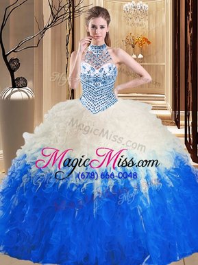 Excellent Tulle Halter Top Sleeveless Lace Up Beading and Ruffles 15 Quinceanera Dress in Blue And White