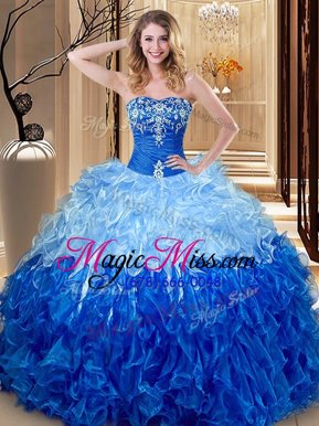 Luxurious Embroidery and Ruffles 15th Birthday Dress Multi-color and Blue And White Lace Up Sleeveless Floor Length