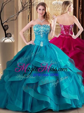 Customized Ball Gowns Quinceanera Dress Teal Sweetheart Tulle Sleeveless Floor Length Lace Up