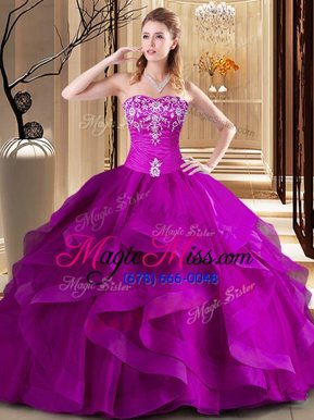 Glamorous Fuchsia Sleeveless Tulle Lace Up Sweet 16 Dress for Military Ball and Sweet 16 and Quinceanera