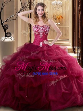 Deluxe Sleeveless Floor Length Embroidery and Ruffles Lace Up Quince Ball Gowns with Wine Red