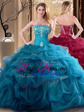 Pretty Teal Ball Gowns Tulle Sweetheart Sleeveless Embroidery and Ruffles Floor Length Lace Up Sweet 16 Dress
