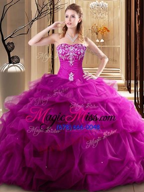 Edgy Fuchsia Sleeveless Floor Length Embroidery and Pick Ups Lace Up Quinceanera Gowns