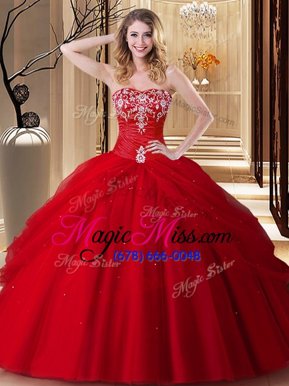 Stunning Red Vestidos de Quinceanera Military Ball and Sweet 16 and Quinceanera and For with Embroidery Sweetheart Sleeveless Lace Up