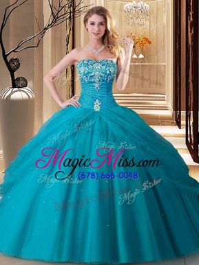 Fantastic Sleeveless Floor Length Embroidery Lace Up 15 Quinceanera Dress with Teal