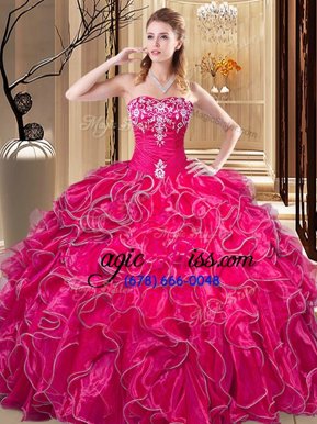 New Arrival Hot Pink Sleeveless Embroidery and Ruffles Floor Length Quinceanera Gowns