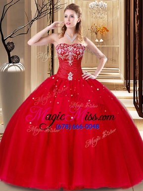 Captivating Sleeveless Floor Length Beading and Embroidery Lace Up Quinceanera Gown with Red