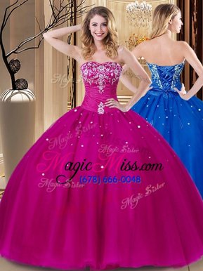 Artistic Fuchsia Tulle Lace Up Sweetheart Sleeveless Floor Length Sweet 16 Dress Beading and Embroidery