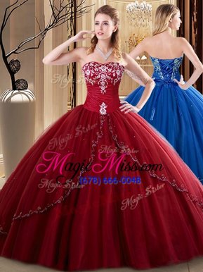 Colorful Wine Red Tulle Lace Up Sweetheart Sleeveless Floor Length Vestidos de Quinceanera Embroidery