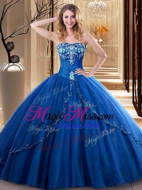 Classical Embroidery 15th Birthday Dress Royal Blue Lace Up Sleeveless Floor Length