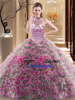 Captivating Halter Top Multi-color Lace Up Ball Gown Prom Dress Beading Sleeveless With Brush Train