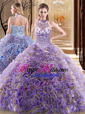 On Sale Halter Top Multi-color Fabric With Rolling Flowers Lace Up Sweet 16 Dress Sleeveless With Brush Train Beading
