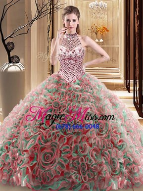 Wonderful Halter Top Multi-color Fabric With Rolling Flowers Lace Up Vestidos de Quinceanera Sleeveless With Brush Train Beading