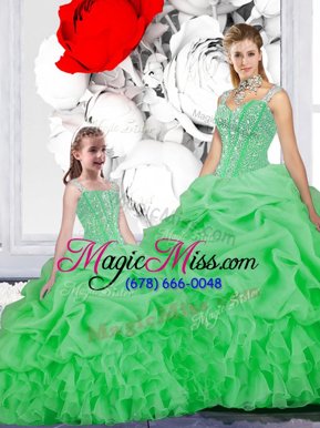 Free and Easy Straps Straps Floor Length Green Quinceanera Gown Organza Sleeveless Beading and Ruffles and Pick Ups