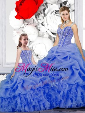 Fantastic Blue Ball Gowns Straps Sleeveless Organza Floor Length Lace Up Beading and Ruffles and Pick Ups Vestidos de Quinceanera