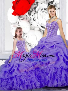 High Quality Straps Straps Floor Length Lavender 15th Birthday Dress Organza Sleeveless Beading and Ruffles and Pick Ups