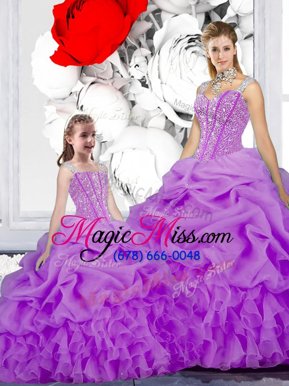 Straps Sleeveless Sweet 16 Dresses Floor Length Beading and Ruffles and Pick Ups Purple Organza