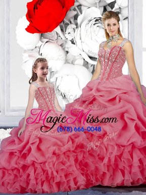 Superior Straps Straps Pick Ups Rose Pink Sleeveless Organza Lace Up Ball Gown Prom Dress for Military Ball and Sweet 16 and Quinceanera