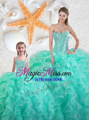 Modest Sleeveless Floor Length Beading and Ruffles Lace Up Sweet 16 Dress with Turquoise