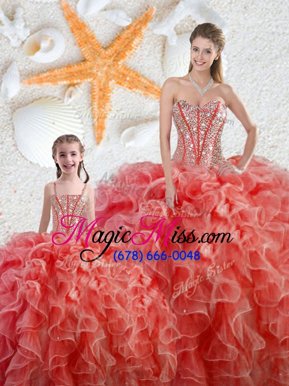 Glittering Coral Red Ball Gown Prom Dress Military Ball and Sweet 16 and Quinceanera and For with Beading and Ruffles Sweetheart Sleeveless Lace Up