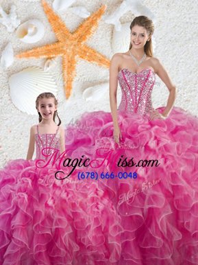 Inexpensive Hot Pink Sleeveless Organza Lace Up Sweet 16 Quinceanera Dress for Military Ball and Sweet 16 and Quinceanera