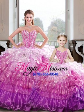 Hot Pink Sleeveless Beading and Ruffles Floor Length 15 Quinceanera Dress