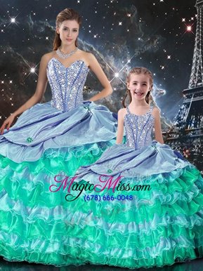 Stunning Floor Length Multi-color 15 Quinceanera Dress Organza Long Sleeves Beading and Ruffles