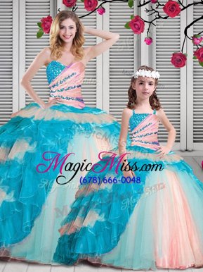 High End Organza Sleeveless Floor Length Quinceanera Dress and Beading and Ruching