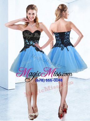 Custom Fit Light Blue Organza Lace Up Sweetheart Sleeveless Mini Length Prom Evening Gown Appliques
