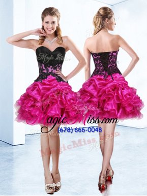 Beauteous Fuchsia Ball Gowns Beading and Ruffles and Pick Ups Casual Dresses Lace Up Organza Sleeveless Mini Length