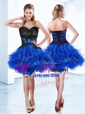 Elegant Royal Blue Organza Lace Up Sweetheart Sleeveless Mini Length Cocktail Dresses Appliques and Ruffles