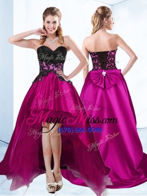 Custom Fit High Low Lace Up Dress for Prom Fuchsia and In for Prom and Party with Appliques