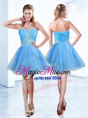 Modest Light Blue Lace Up Hoco Dress Beading and Ruching Sleeveless Mini Length