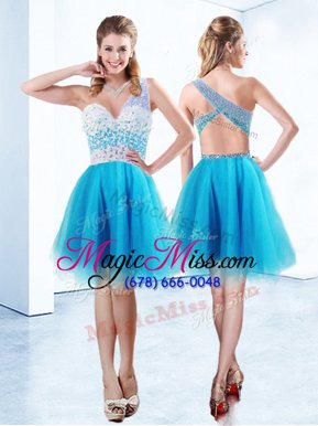 Beautiful Aqua Blue A-line One Shoulder Sleeveless Tulle Knee Length Criss Cross Beading Homecoming Dress