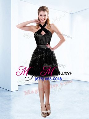 Nice Sequins Halter Top Sleeveless Zipper Prom Evening Gown Black Tulle
