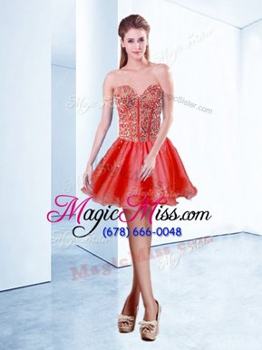 Chic V-neck Sleeveless Prom Party Dress Mini Length Beading Watermelon Red Organza
