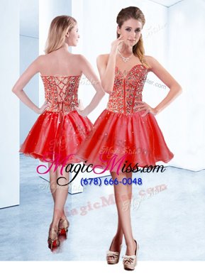 Watermelon Red V-neck Lace Up Beading Prom Dress Sleeveless