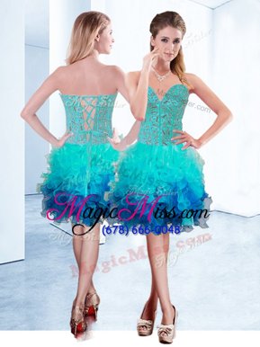 Enchanting Aqua Blue A-line Organza Sweetheart Sleeveless Ruffles Knee Length Lace Up Custom Made