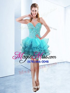 Fashionable Aqua Blue Sweetheart Lace Up Ruffles Prom Gown Sleeveless