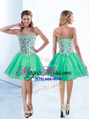 Dramatic Turquoise Organza Lace Up Party Dresses Sleeveless Knee Length Beading