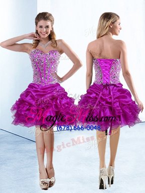 Vintage Fuchsia A-line Beading and Ruffles and Pick Ups Dress for Prom Lace Up Organza Sleeveless Knee Length