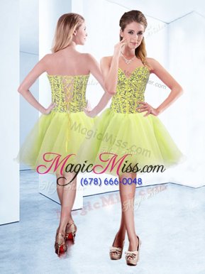 Hot Sale Yellow Green Sleeveless Beading Knee Length Evening Dress