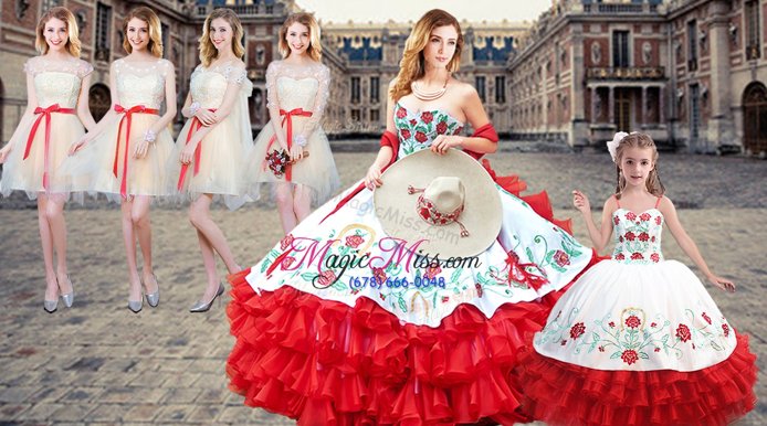 Eye-catching White And Red Ball Gowns Sweetheart Sleeveless Satin and Organza Floor Length Lace Up Embroidery Sweet 16 Dresses