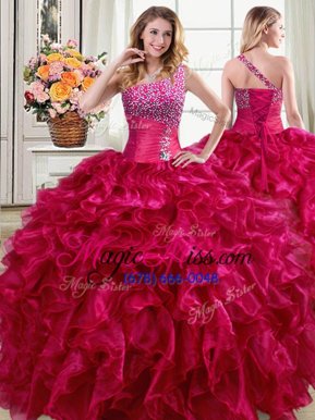 Free and Easy One Shoulder Sleeveless Floor Length Beading and Ruffles Lace Up 15th Birthday Dress with Fuchsia